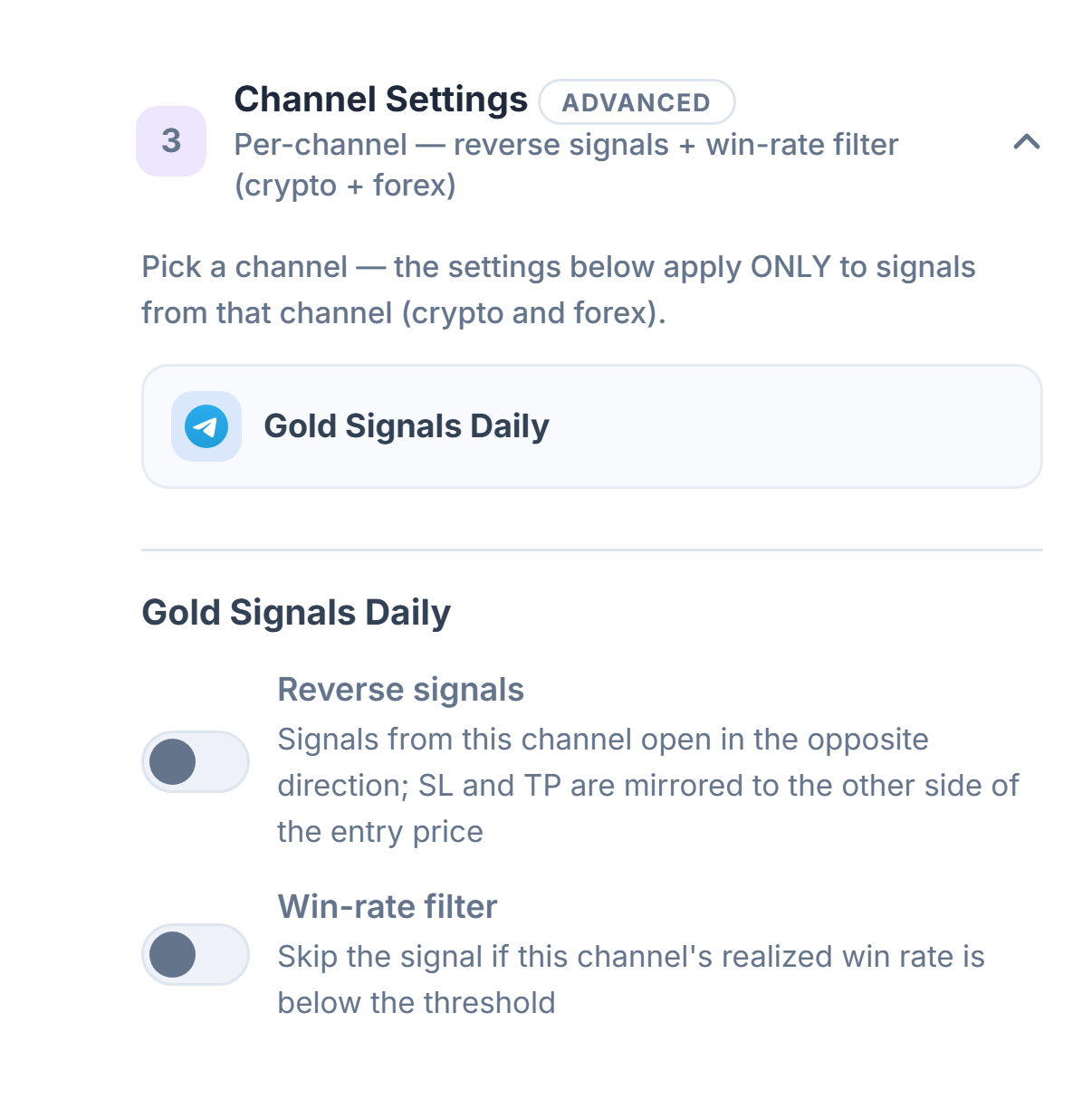 Channel Settings accordion: the selected channel row is outlined, with the Reverse signals and Win-rate filter switches below it