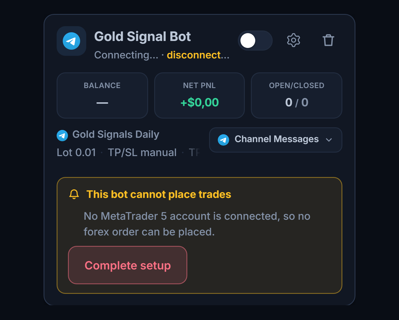 A newly created forex bot card in the My Bots panel: bot name and source, the This bot cannot place trades list, and the Complete setup button