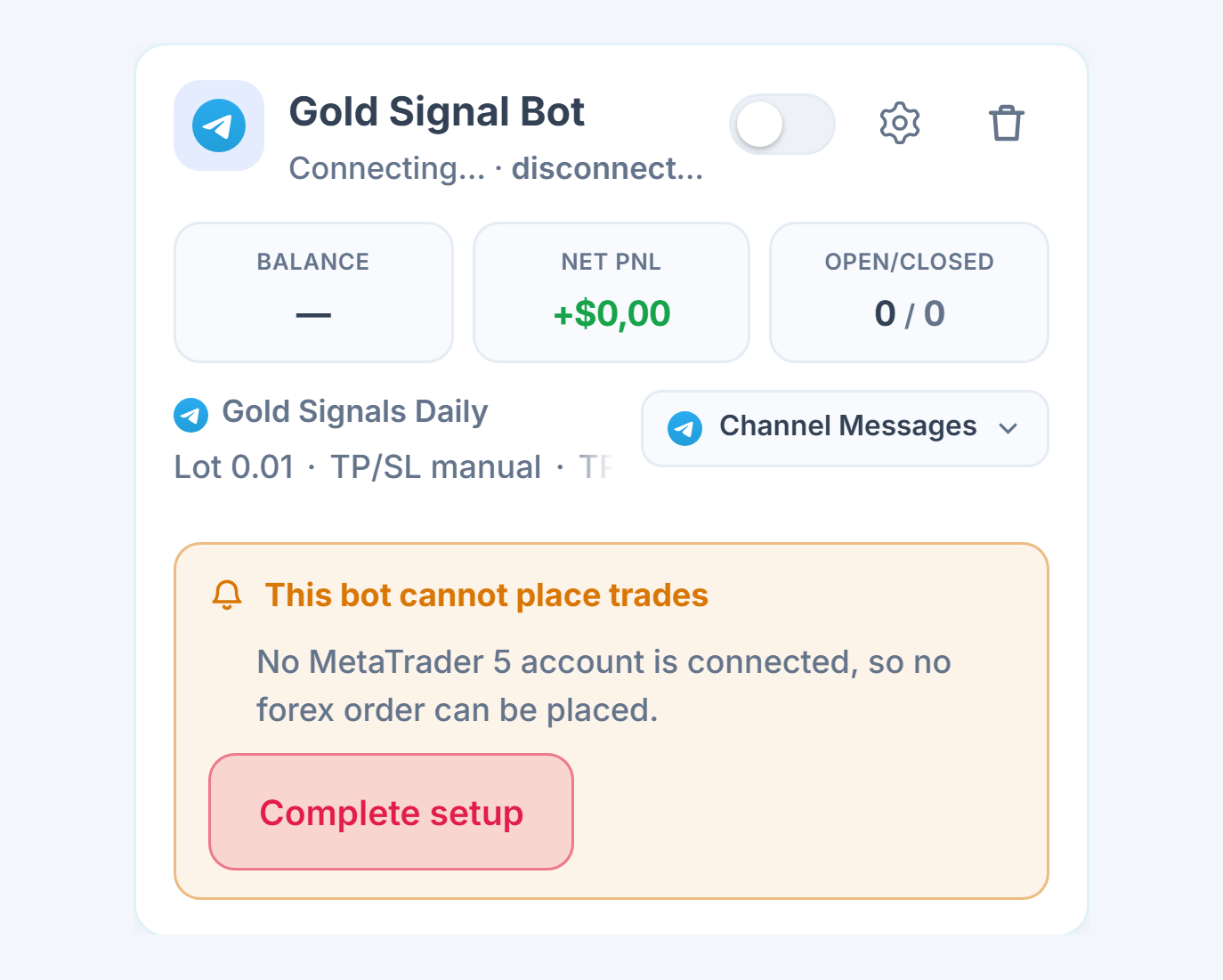 A newly created forex bot card in the My Bots panel: bot name and source, the This bot cannot place trades list, and the Complete setup button