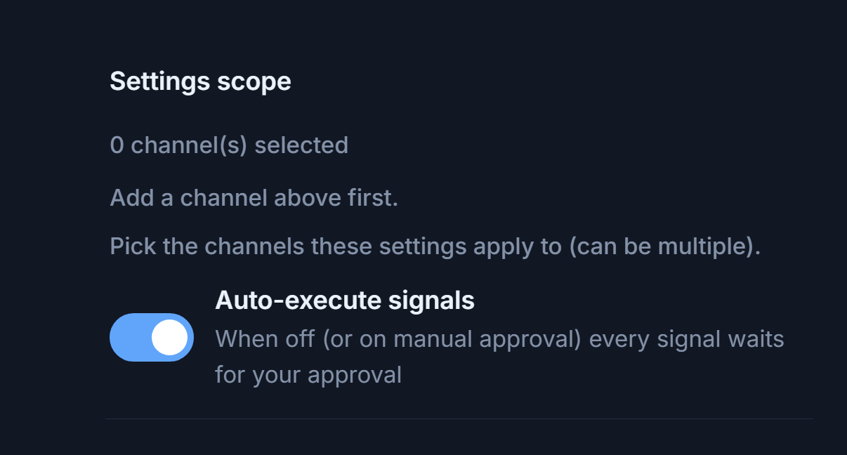 Top of Forex Setup: Settings scope and the Auto-execute signals switch turned on