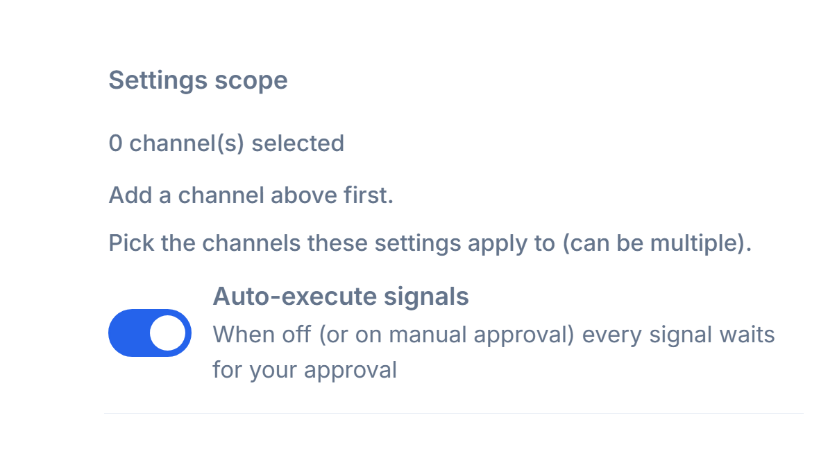 Top of Forex Setup: Settings scope and the Auto-execute signals switch turned on