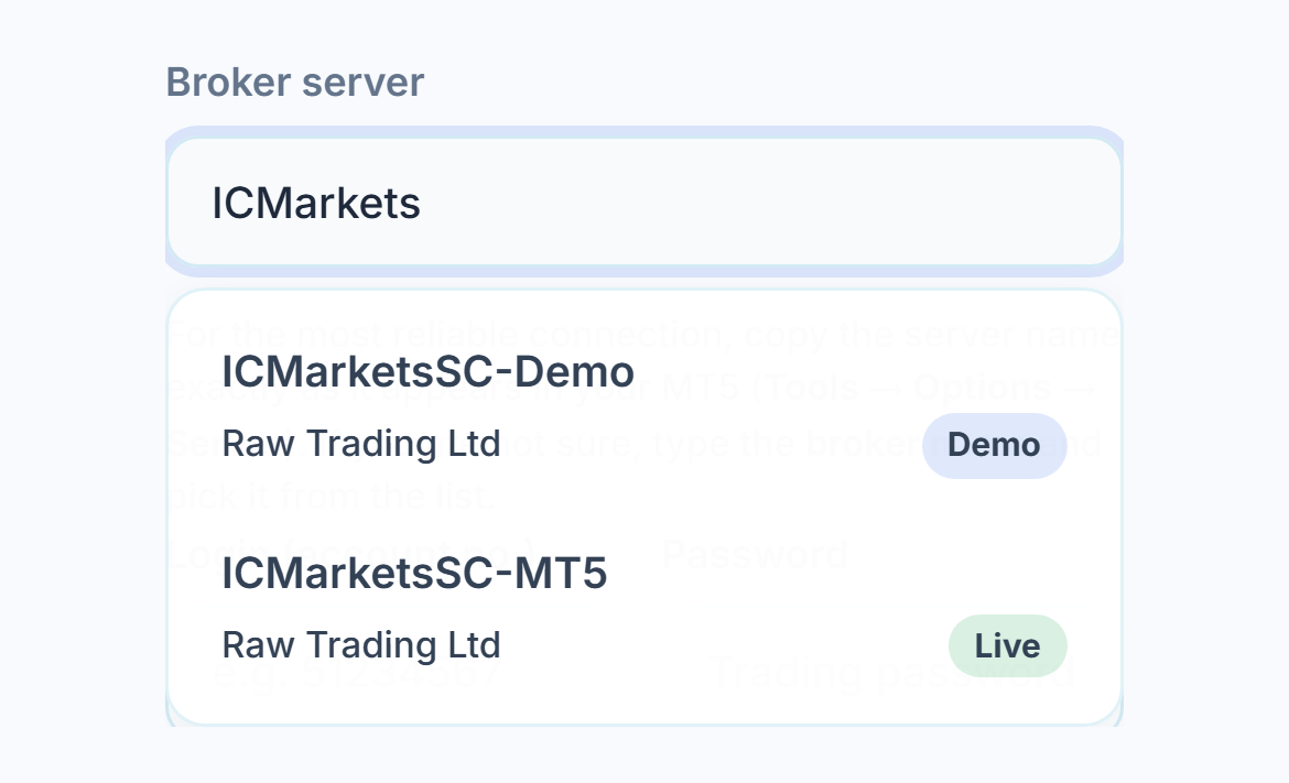 ICMarkets typed in the Broker server field, with two servers below it carrying Demo and Live badges