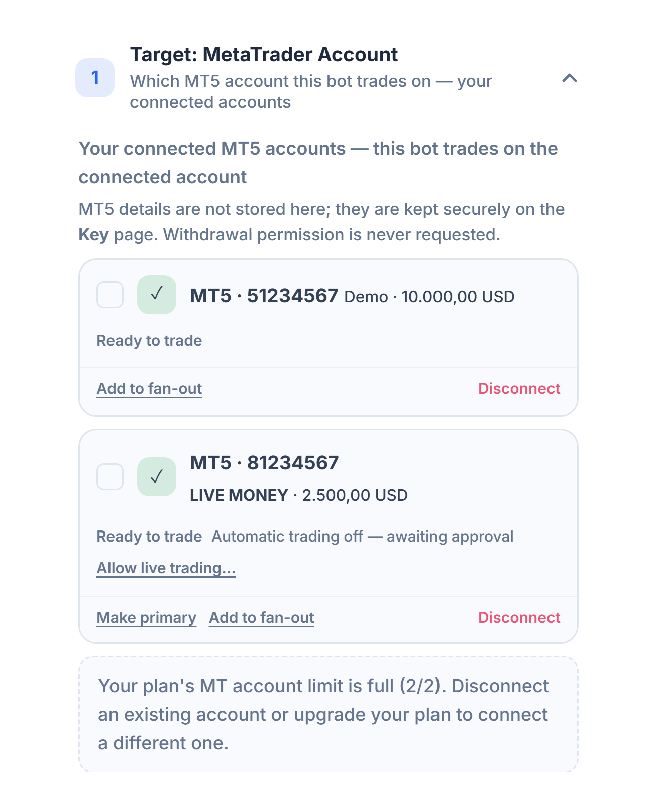Connected MT5 accounts: one demo and one live account card; on the live account, the Automatic trading off — awaiting approval note and the Allow live trading button