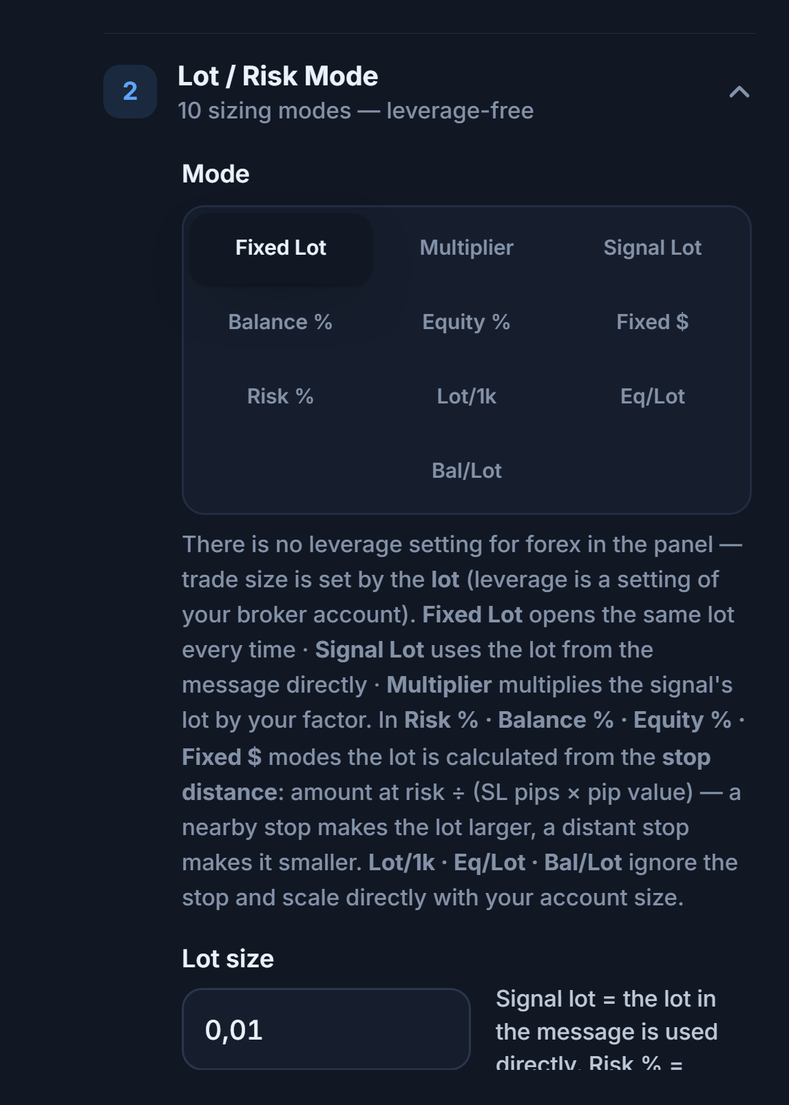 Lot / Risk Mode section: Fixed Lot selected and the Lot size field at 0.01