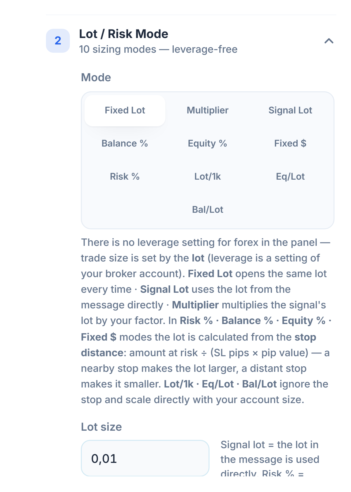 Lot / Risk Mode section: Fixed Lot selected and the Lot size field at 0.01