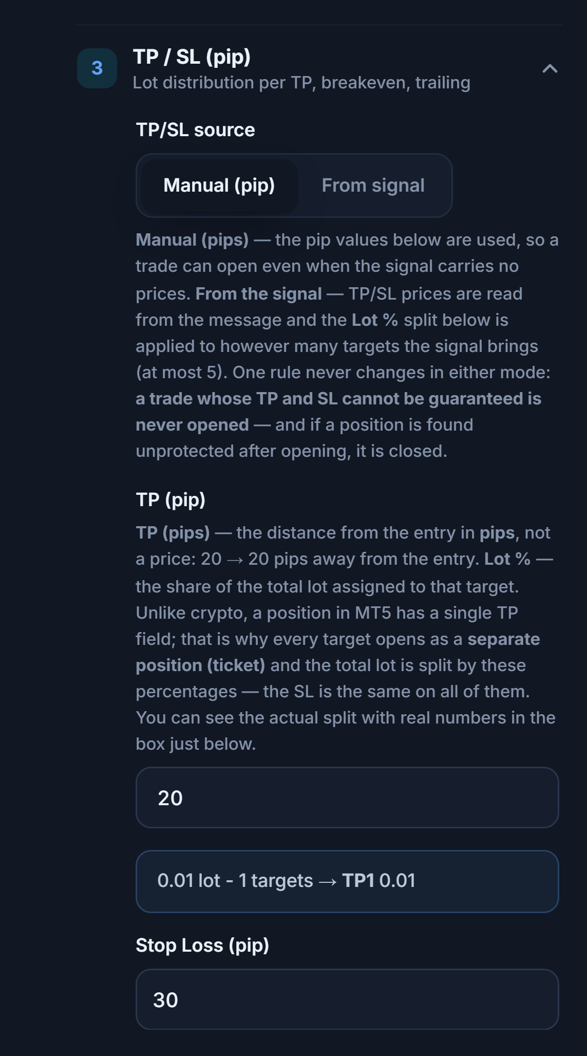 TP / SL (pip) section: TP/SL source Manual (pip) selected, TP (pip) 20 and Stop Loss (pip) 30
