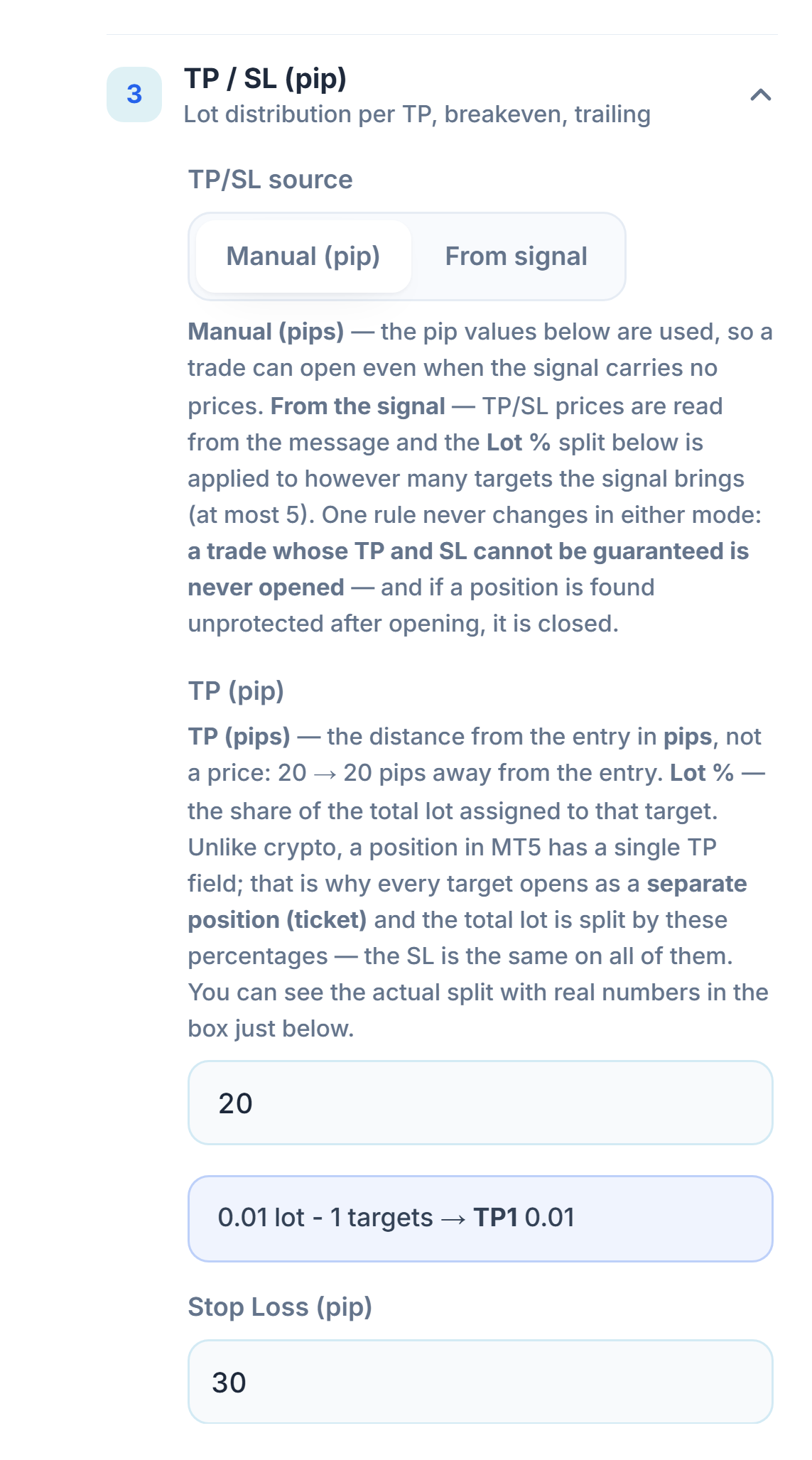 TP / SL (pip) section: TP/SL source Manual (pip) selected, TP (pip) 20 and Stop Loss (pip) 30