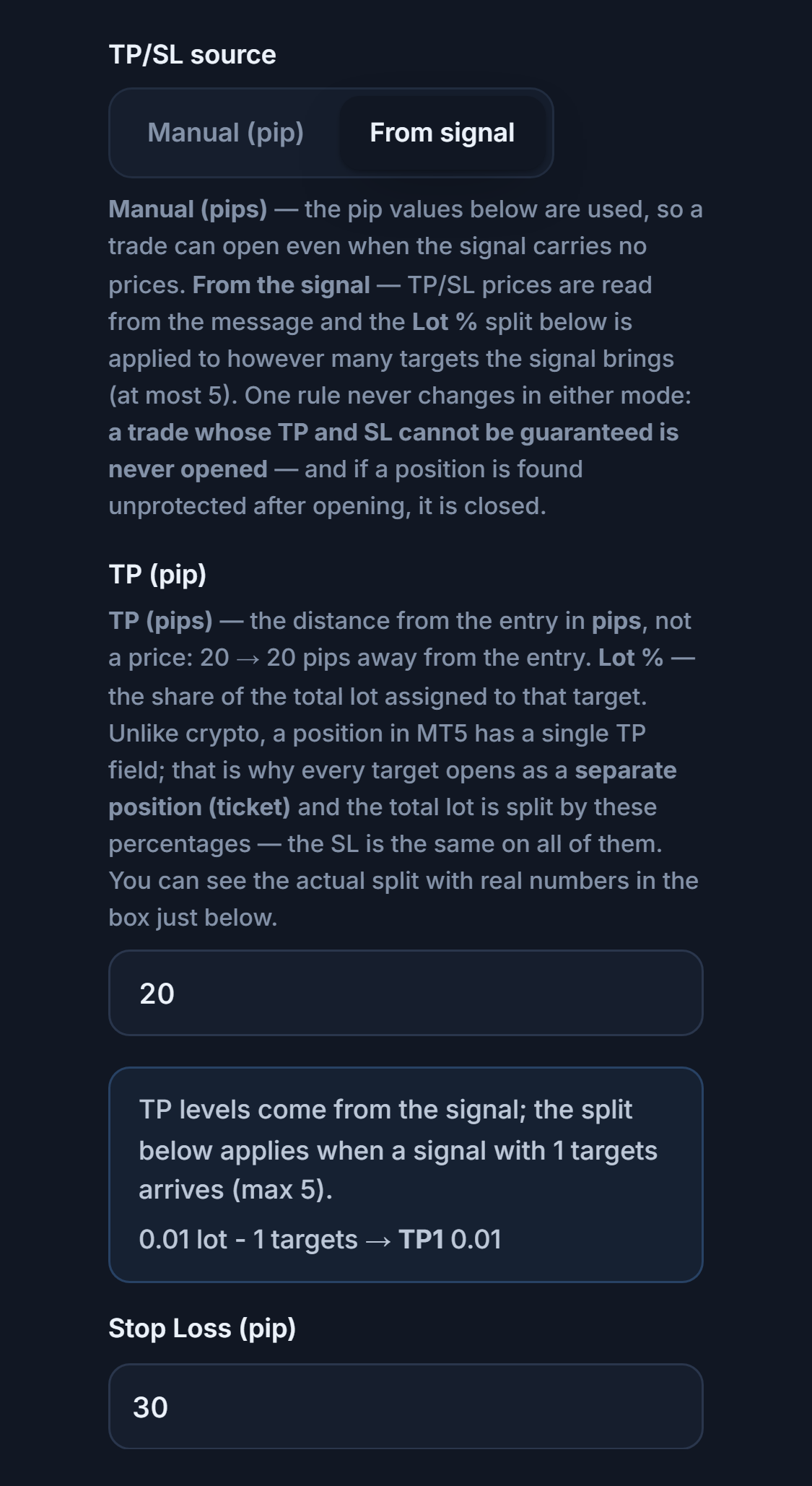 TP / SL (pip): TP/SL source From signal selected