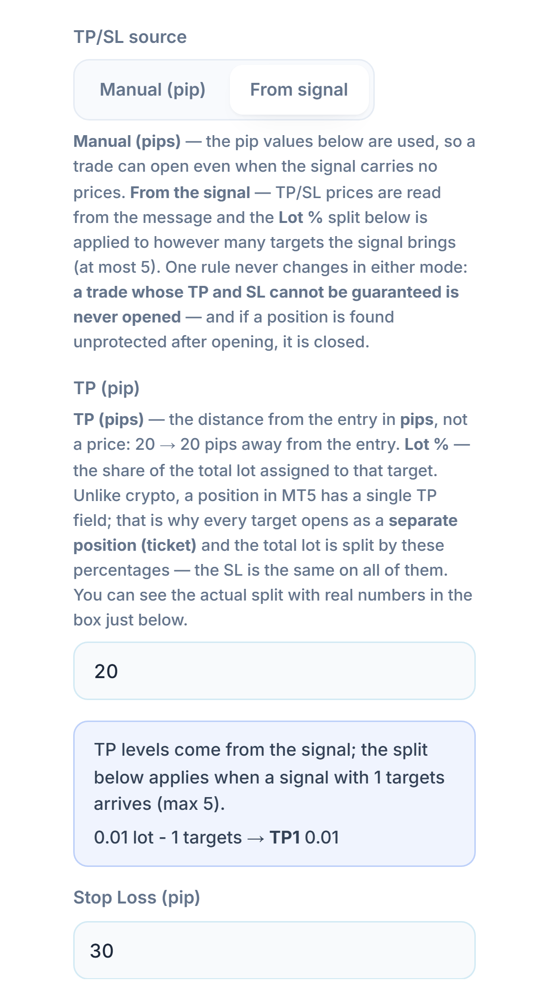 TP / SL (pip): TP/SL source From signal selected
