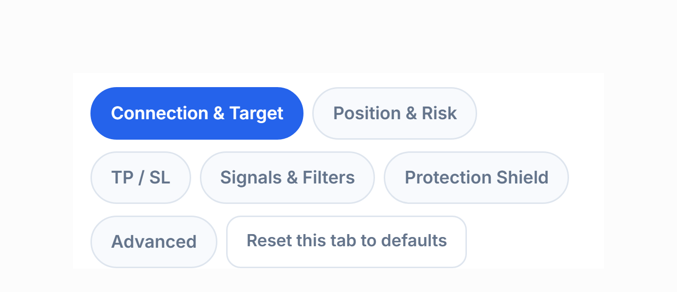 Advanced setup tabs: Connection, Position, TP and SL, Signal, Protection, Advanced, and reset to defaults