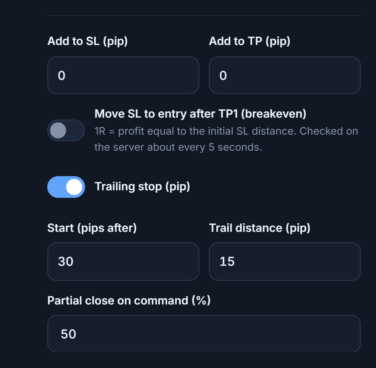Add to SL and Add to TP pip fields, the breakeven switch, the trailing stop switch turned on with start and trail distance, and the partial close percentage on command