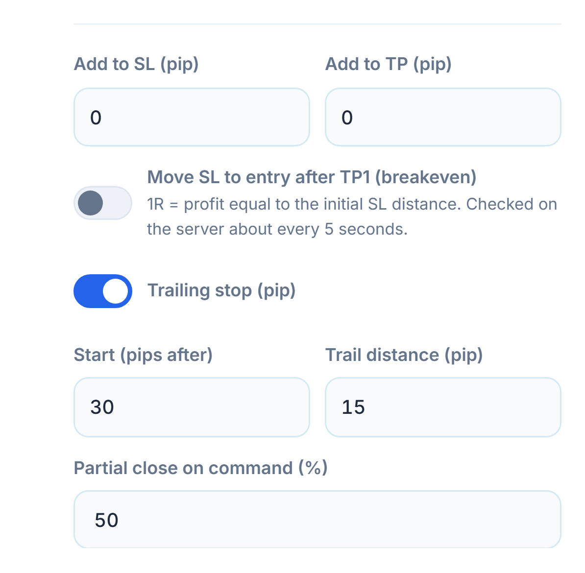 Add to SL and Add to TP pip fields, the breakeven switch, the trailing stop switch turned on with start and trail distance, and the partial close percentage on command