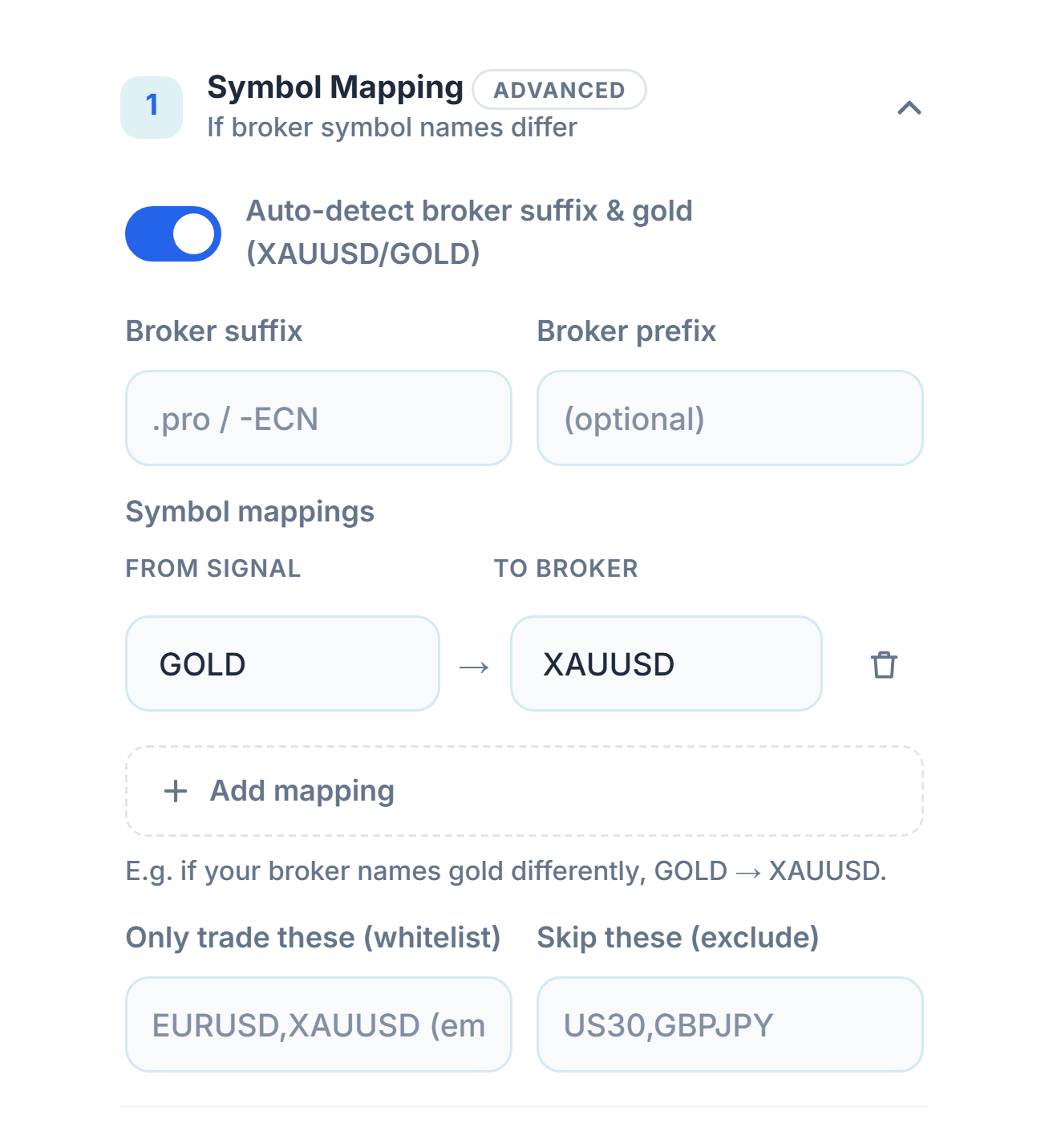Symbol Mapping section: auto-detect switch, Broker suffix and prefix fields, the GOLD → XAUUSD mapping, Add mapping, and the whitelist and exclude fields