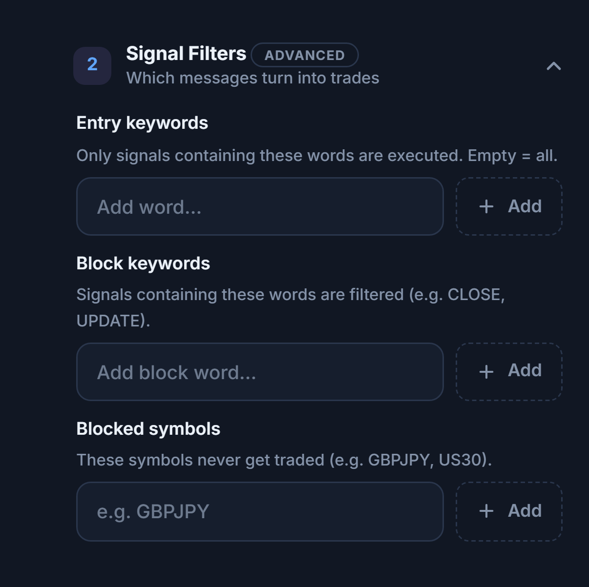 Signal Filters: Entry keywords, Block keywords, and Blocked symbols fields