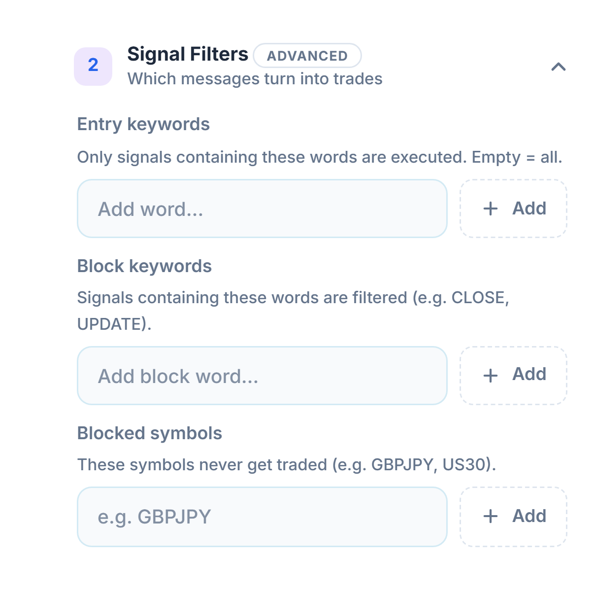 Signal Filters: Entry keywords, Block keywords, and Blocked symbols fields