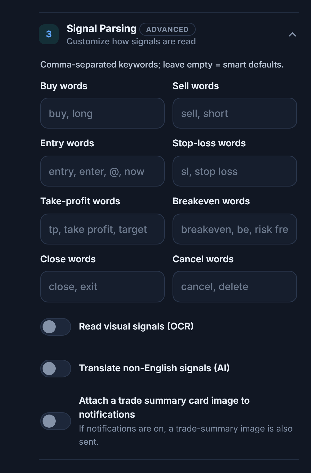 Signal Parsing: buy, sell, entry, stop-loss, take-profit, breakeven, close and cancel words; OCR, translation, and summary card image switches