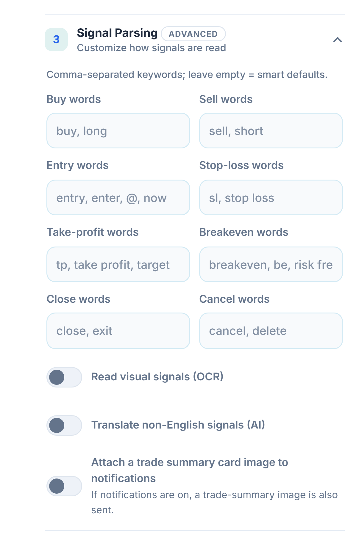 Signal Parsing: buy, sell, entry, stop-loss, take-profit, breakeven, close and cancel words; OCR, translation, and summary card image switches