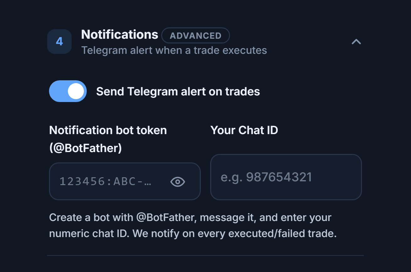 Notifications: the Telegram alert switch turned on, and the bot token and Chat ID fields