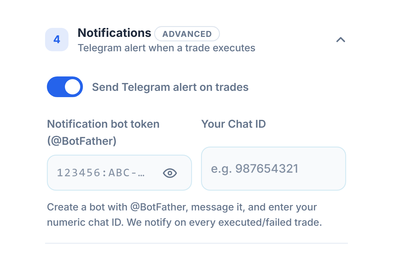 Notifications: the Telegram alert switch turned on, and the bot token and Chat ID fields