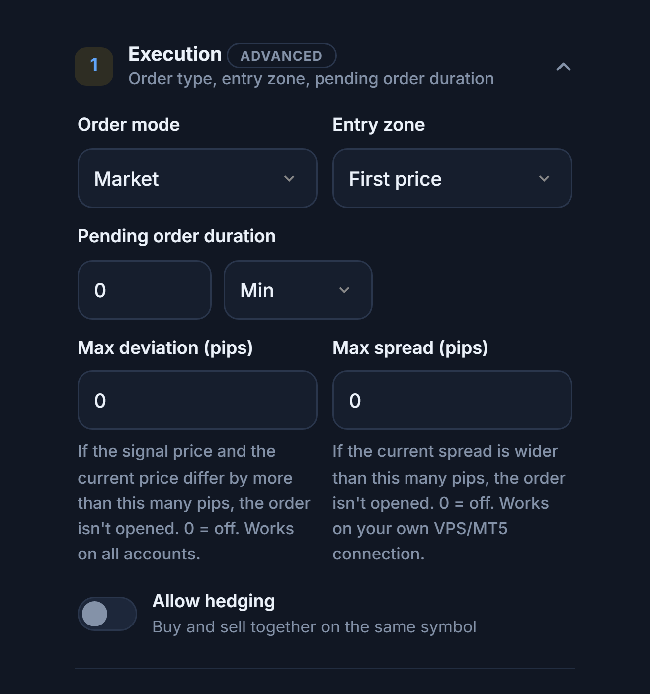 Execution section: Order mode, Entry zone, Pending order duration, Max deviation, Max spread, and the Allow hedging switch