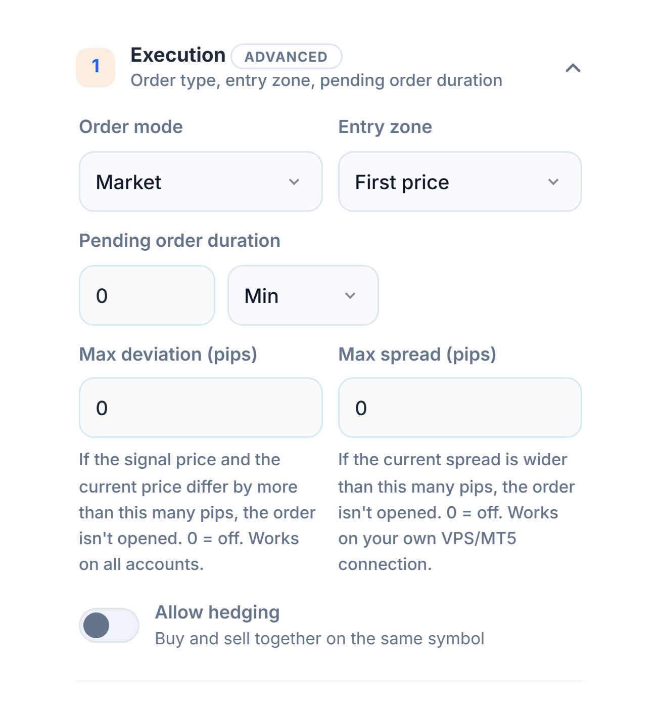 Execution section: Order mode, Entry zone, Pending order duration, Max deviation, Max spread, and the Allow hedging switch
