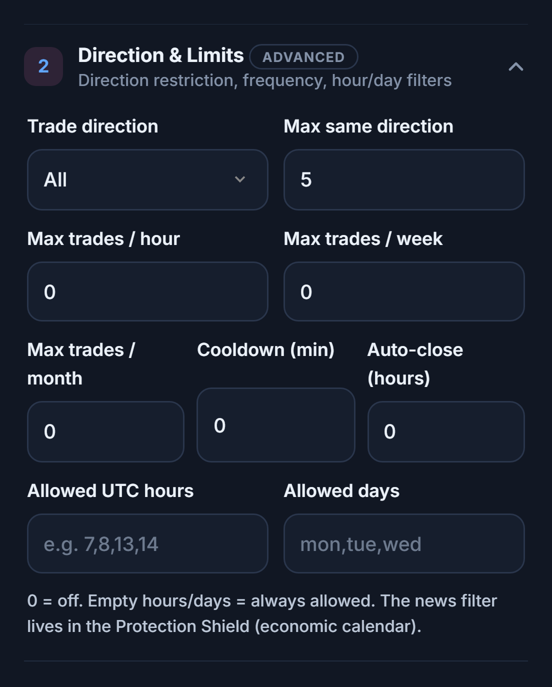 Direction and Limits: Trade direction, Max same direction, hourly, weekly and monthly trade limits, cooldown, auto-close, allowed hours and days