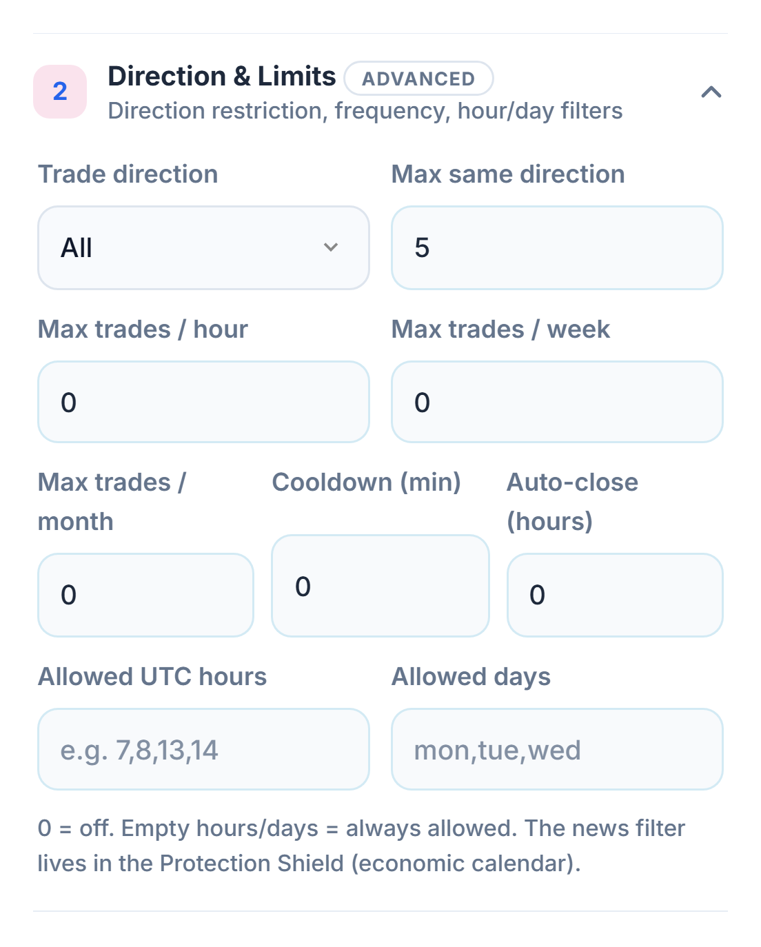 Direction and Limits: Trade direction, Max same direction, hourly, weekly and monthly trade limits, cooldown, auto-close, allowed hours and days