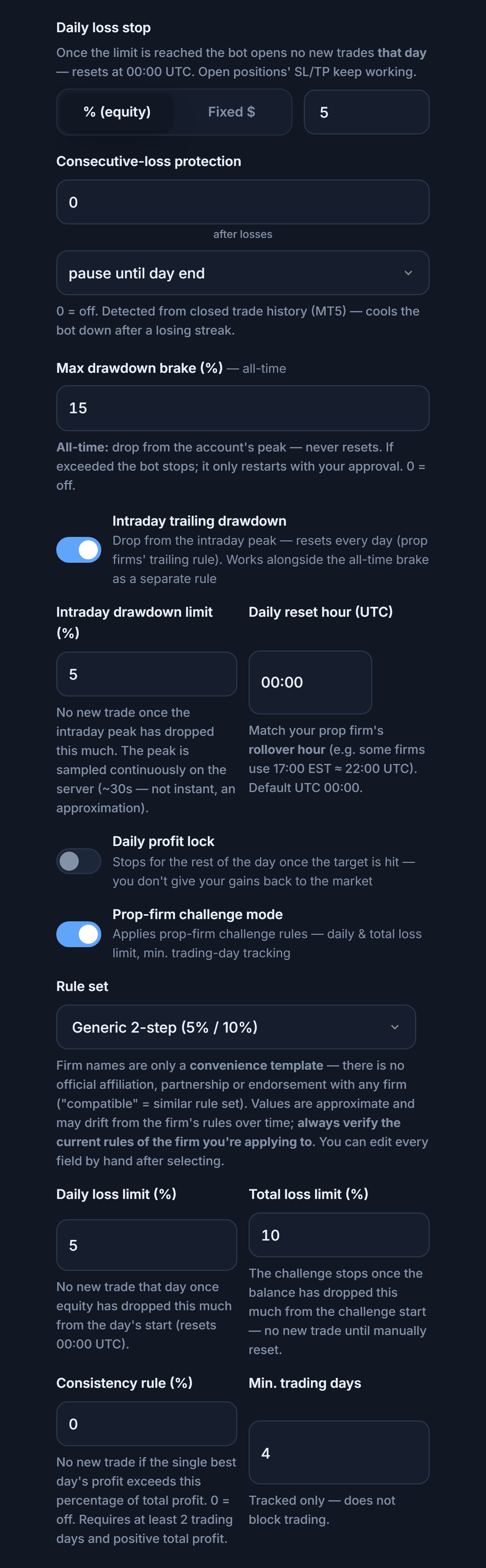 Protection Shield advanced: daily loss stop, consecutive-loss protection, max drawdown, intraday trailing drawdown, daily profit lock, prop-firm challenge mode, and rule set