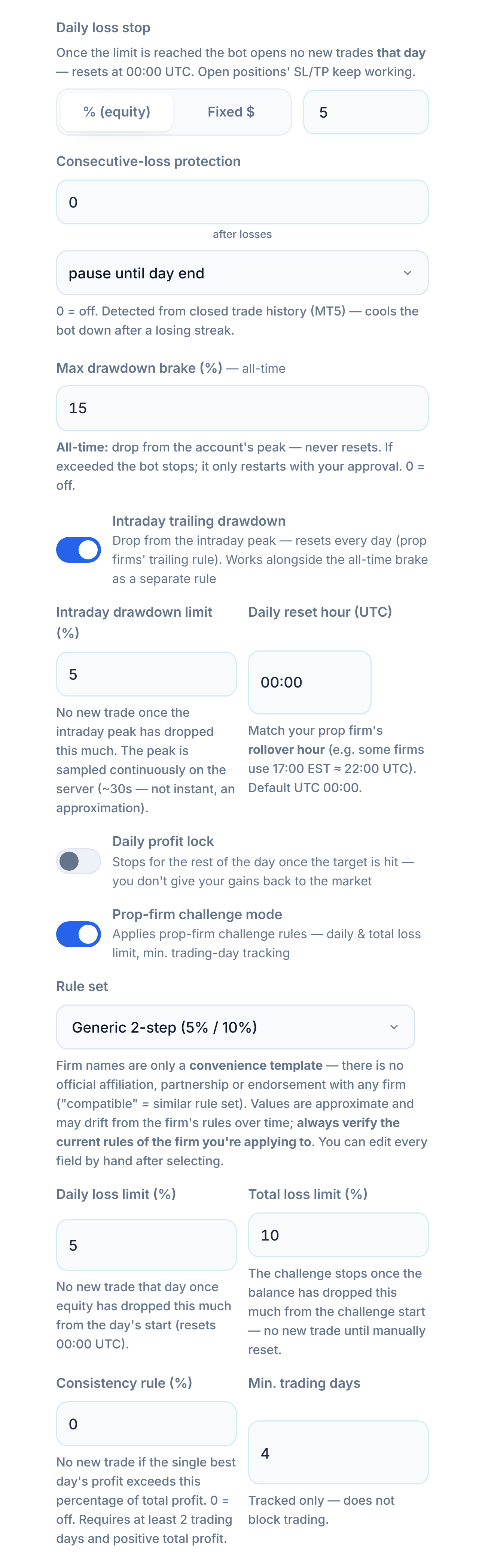 Protection Shield advanced: daily loss stop, consecutive-loss protection, max drawdown, intraday trailing drawdown, daily profit lock, prop-firm challenge mode, and rule set