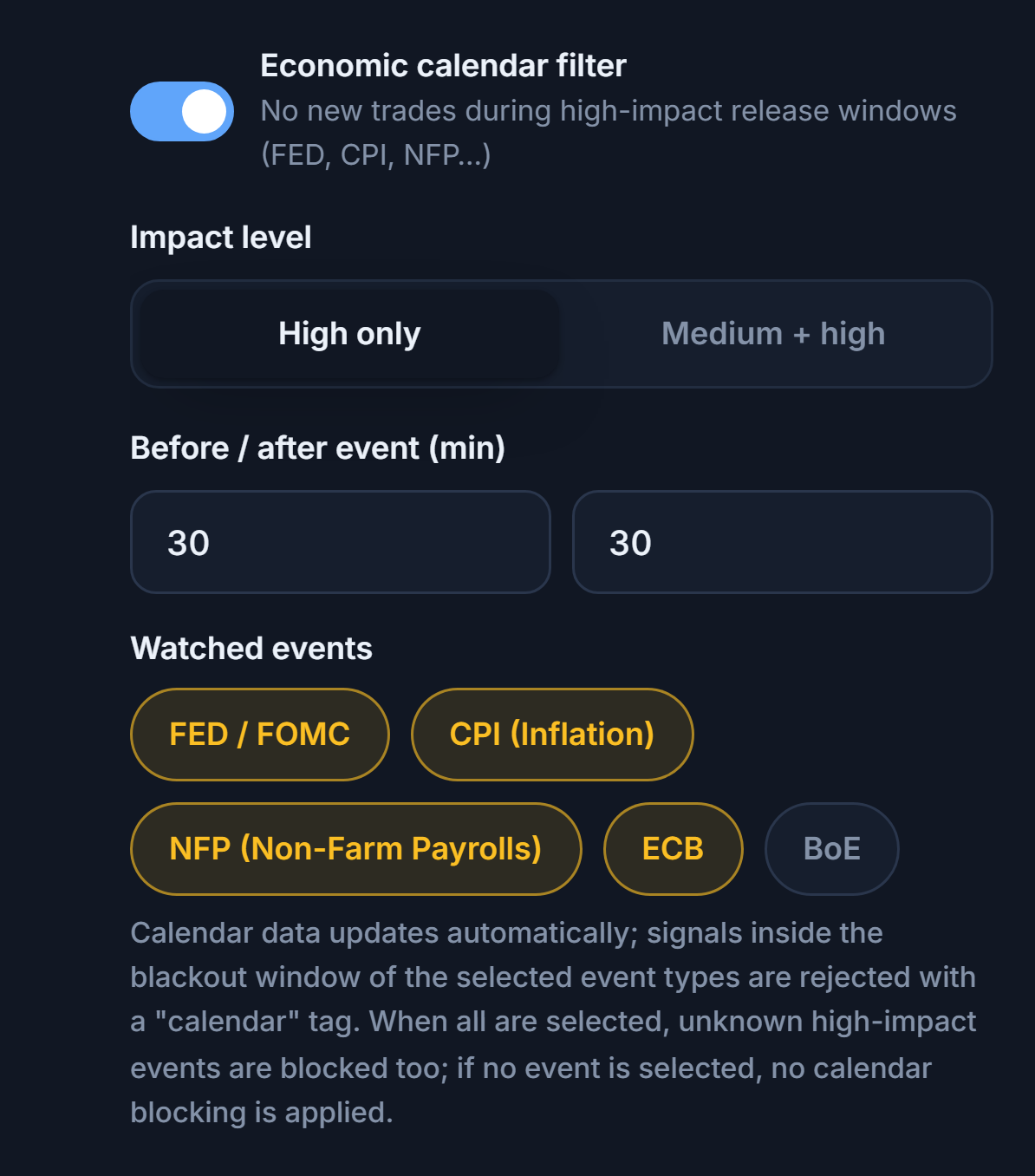 Economic calendar filter: switch on, impact level, minutes before and after news, event types