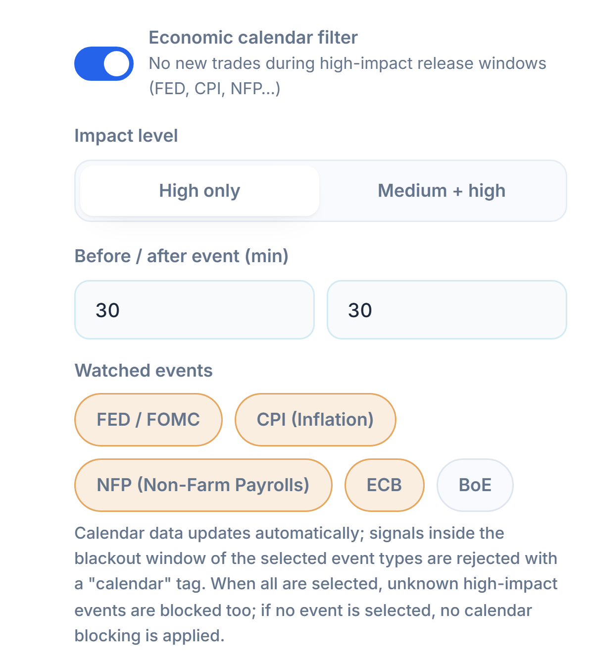 Economic calendar filter: switch on, impact level, minutes before and after news, event types