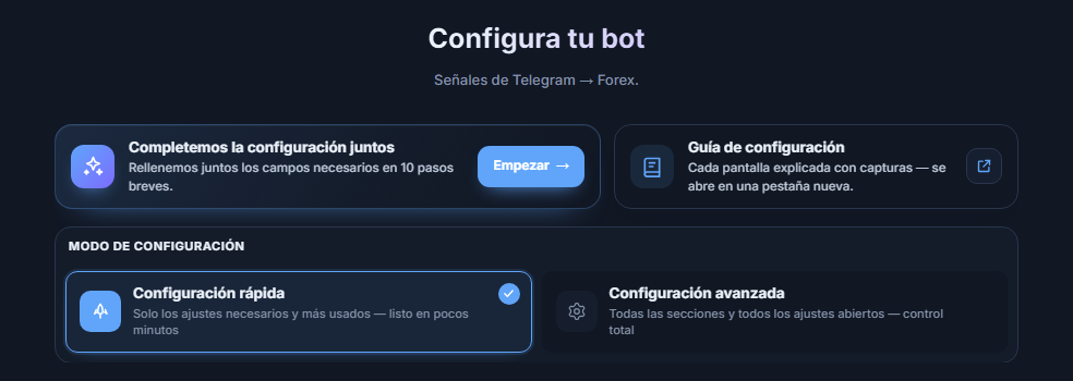 Parte superior de la pantalla Configura tu bot: botón Empezar de la guía de configuración y tarjetas Configuración rápida y Configuración avanzada