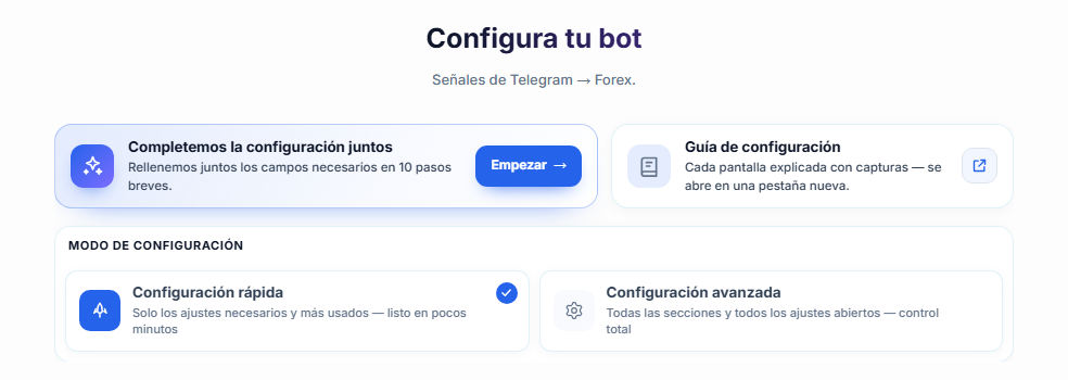 Parte superior de la pantalla Configura tu bot: botón Empezar de la guía de configuración y tarjetas Configuración rápida y Configuración avanzada