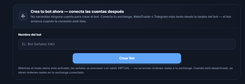Panel Crea tu bot ahora: campo Nombre del bot y botón Crear Bot