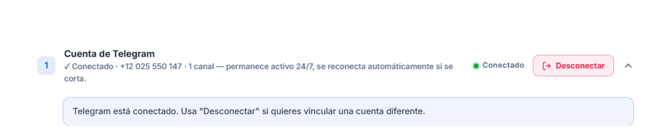 Sección Cuenta de Telegram tras conectar: insignia verde Conectado, botón Desconectar y nota de Telegram conectado