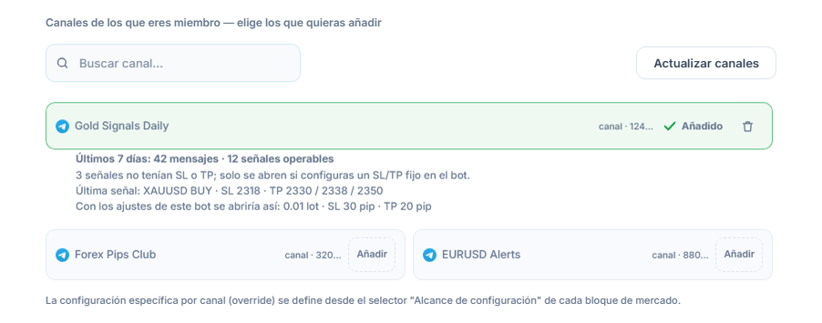 Sección Canales de señales tras conectar: cuadro de búsqueda de canales, botón Actualizar canales, canales con botón Agregar, marca Añadido en un canal agregado y debajo la ficha de 7 días del canal