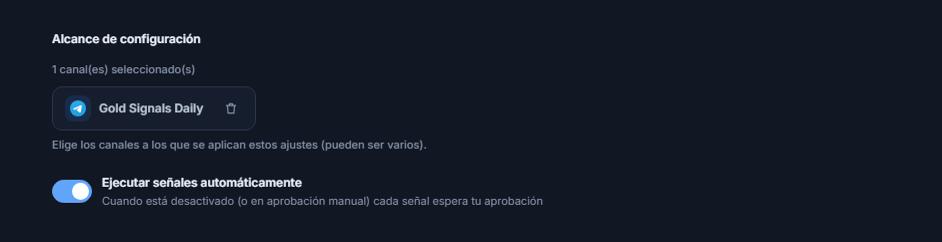 Sección Alcance de configuración tras añadir un canal: contador de 1 canal seleccionado, chip del canal seleccionado con marca verde y botón de quitar en el chip