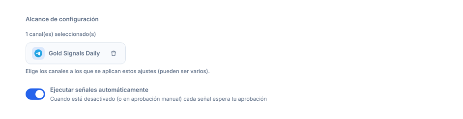 Sección Alcance de configuración tras añadir un canal: contador de 1 canal seleccionado, chip del canal seleccionado con marca verde y botón de quitar en el chip