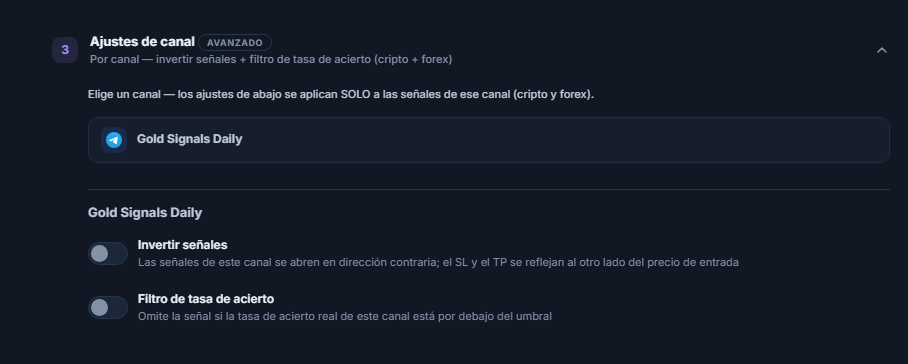 Acordeón Ajustes de canal: fila del canal seleccionado con borde y debajo los interruptores Invertir señales y Filtro de tasa de acierto