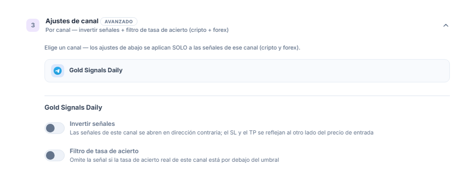Acordeón Ajustes de canal: fila del canal seleccionado con borde y debajo los interruptores Invertir señales y Filtro de tasa de acierto