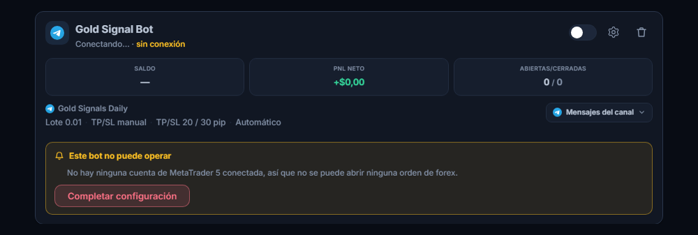 Tarjeta de un bot de forex recién creado en el panel Mis bots: nombre y fuente del bot, lista Este bot no puede operar y botón Completar configuración