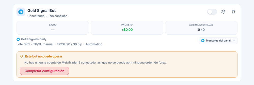 Tarjeta de un bot de forex recién creado en el panel Mis bots: nombre y fuente del bot, lista Este bot no puede operar y botón Completar configuración