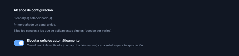 Parte superior de Configuración Forex: Alcance de configuración e interruptor Ejecutar señales automáticamente activado