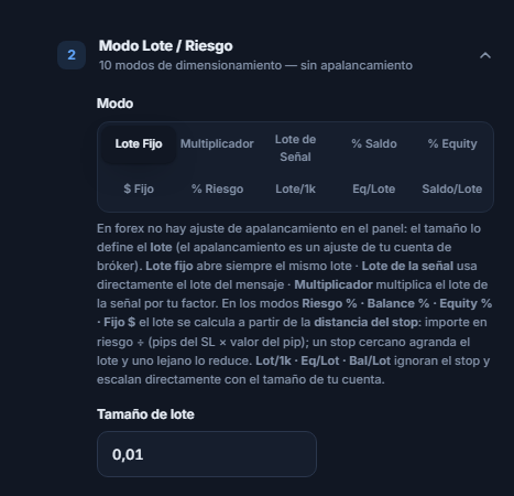 Sección Modo Lote / Riesgo: Lote Fijo seleccionado y campo Tamaño de lote con 0.01