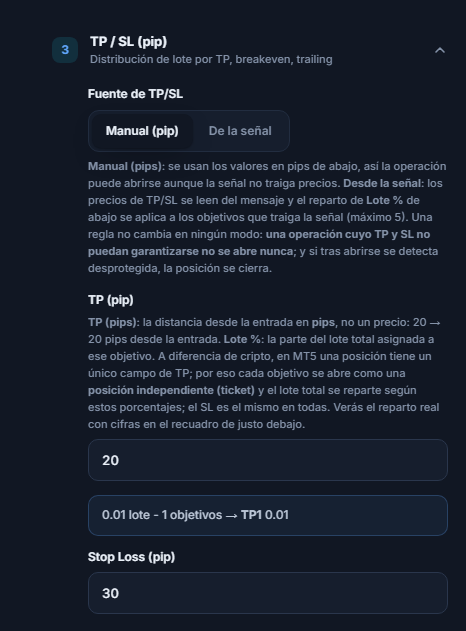 Sección TP / SL (pip): fuente de TP/SL Manual (pip) seleccionada, TP (pips) 20 y Stop Loss (pip) 30