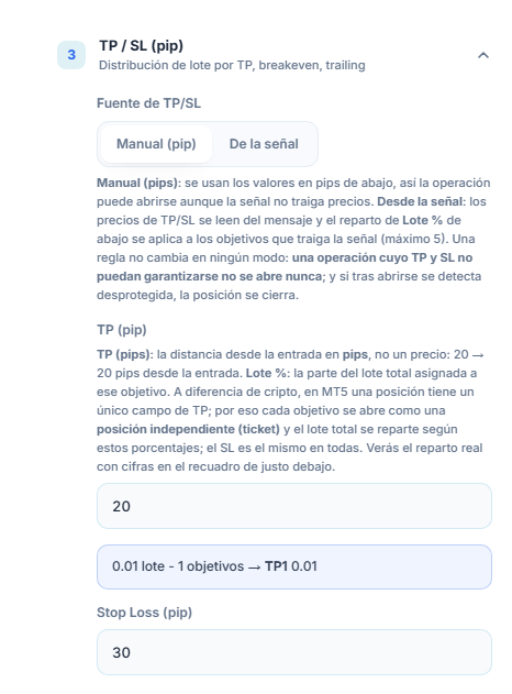 Sección TP / SL (pip): fuente de TP/SL Manual (pip) seleccionada, TP (pips) 20 y Stop Loss (pip) 30