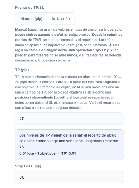 TP / SL (pip): fuente de TP/SL De la señal seleccionada