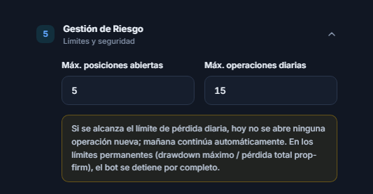 Gestión de Riesgo: Máx. posiciones abiertas 5 y Máx. operaciones diarias 15