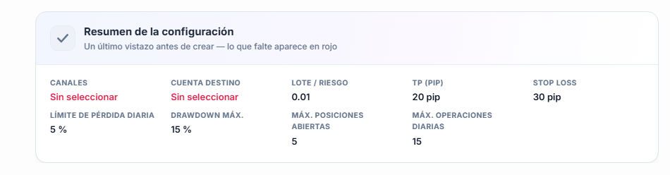 Resumen de la configuración: los campos Canal y Cuenta destino en rojo con Sin seleccionar, y los valores de lote, TP, Stop Loss, pérdida diaria y límites