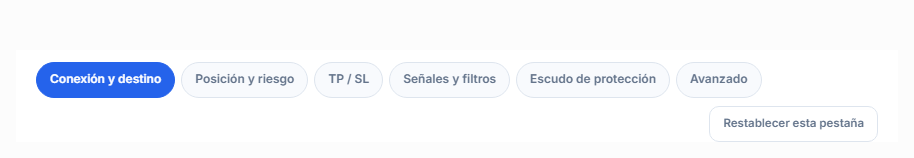 Pestañas de la configuración avanzada: Conexión, Posición, TP y SL, Señal, Protección, Avanzado y restablecer valores predeterminados